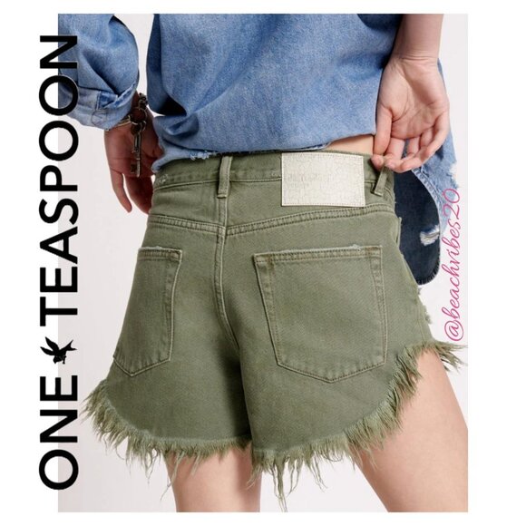 ONE TEASPOON Outlaws Low Waist Mid Length Denim Shorts Military Khaki 30 NWT - Picture 5 of 7